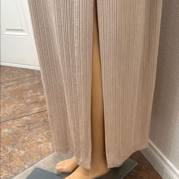 David's Bridal Cream Tan Gold Silver Maxi Dress & Long Sleeve Jacket Side Slit - Picture 10 of 13